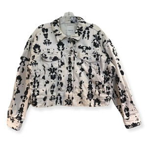 WOOD WOOD Black & White Splattered Canvas Jean Designer Denim Jacket S FLAWED